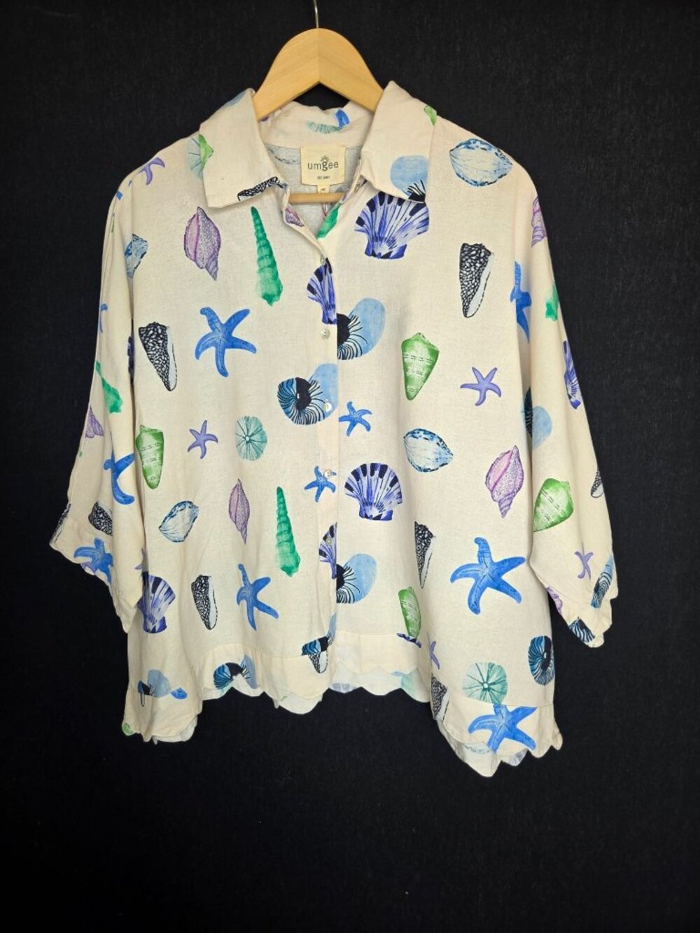 NWT Umgee Ivory Seashell Starfish Print Oversized Size M/L/XL Button Down Blouse